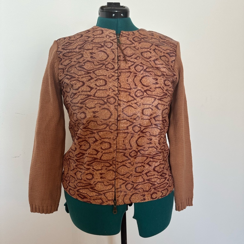 Vintage Maurice Sasson Woman Sweater Brown Leather Cotton Zip Up Jacket Sz L
